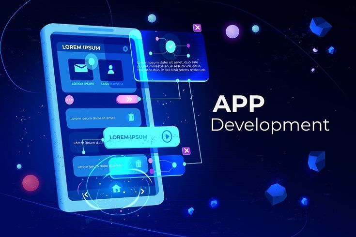 App development banner, adaptive layout application web interface on smartphone touch screen, user software API prototyping, testing, neon glowing background. Cartoon vector illustration, landing page Mobile-First Web Design in Today's Digital World